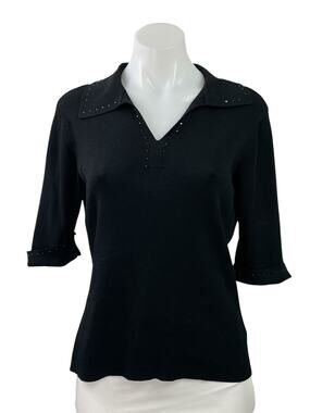 Ruby Cho Womens Black Rhinestone Knit Collared Half Sleeve Polo Shirt Top Size L